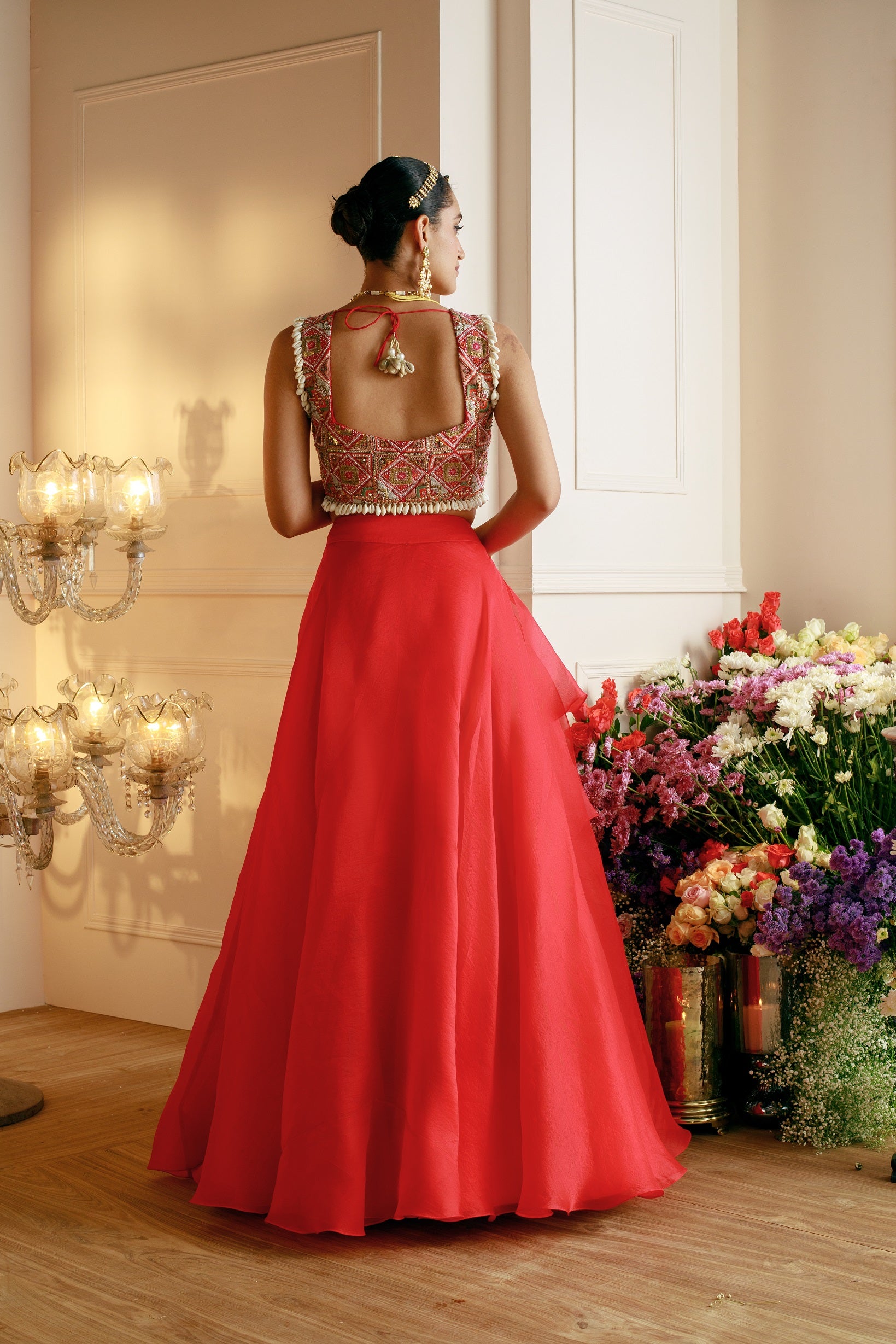 Red Layered Lehenga With Embroidered Blouse